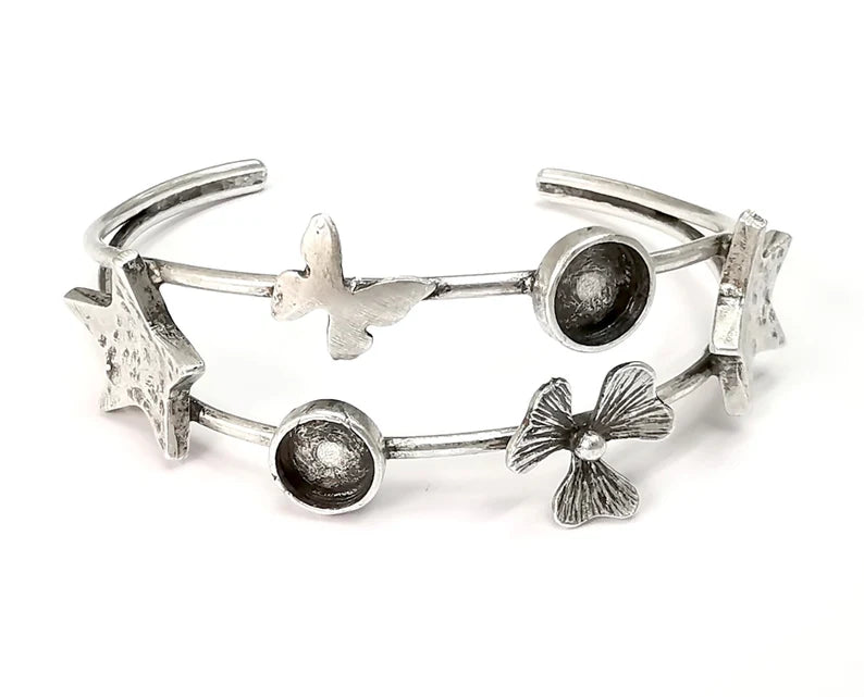 Star Flower Butterfly Bracelet Blank Cuff Bezel Cabochon Base Resin Mountings Adjustable Antique Silver Plated Brass (8mm Blanks) G26412