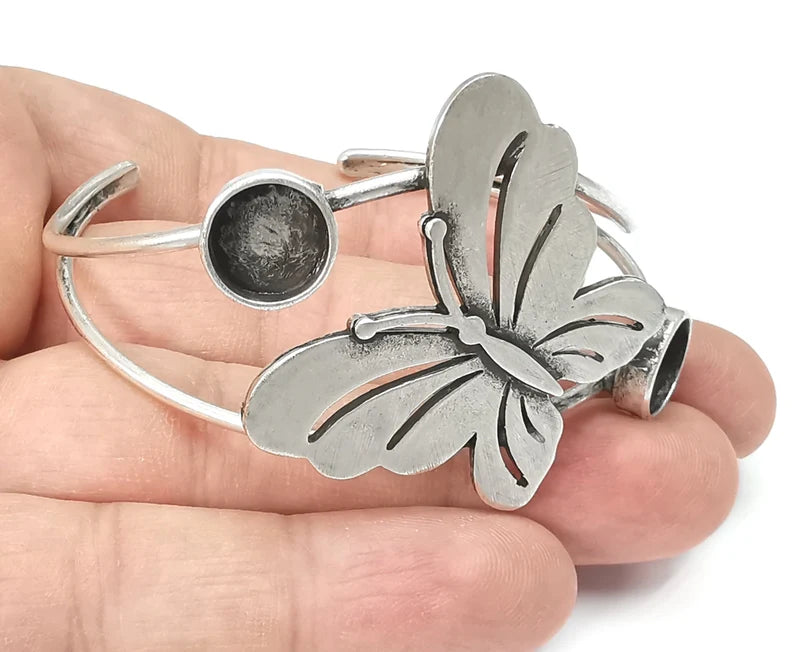 Butterfly Bracelet Blank Cuff Bezel Cabochon Base Resin Mountings Adjustable Antique Silver Plated Brass (10mm Blanks) G26414
