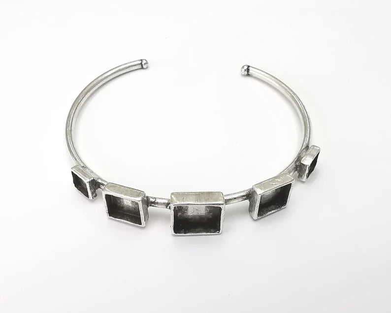 Squares bracelet brass Cuff blank bezel Glass cabochon base Adjustable Antique silver plated brass G26235