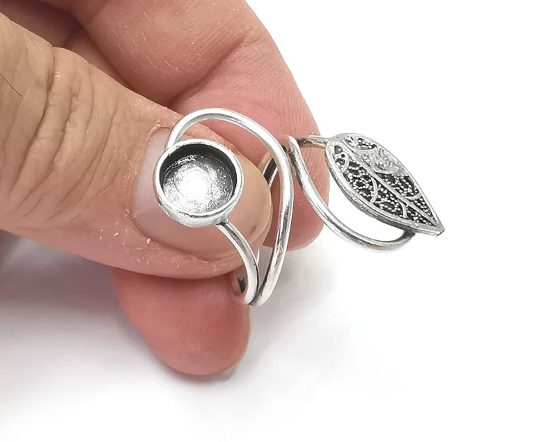 Leaf silver ring setting blank cabochon mounting Adjustable ring base bezel Antique Silver Plated Brass (8mm) G26240