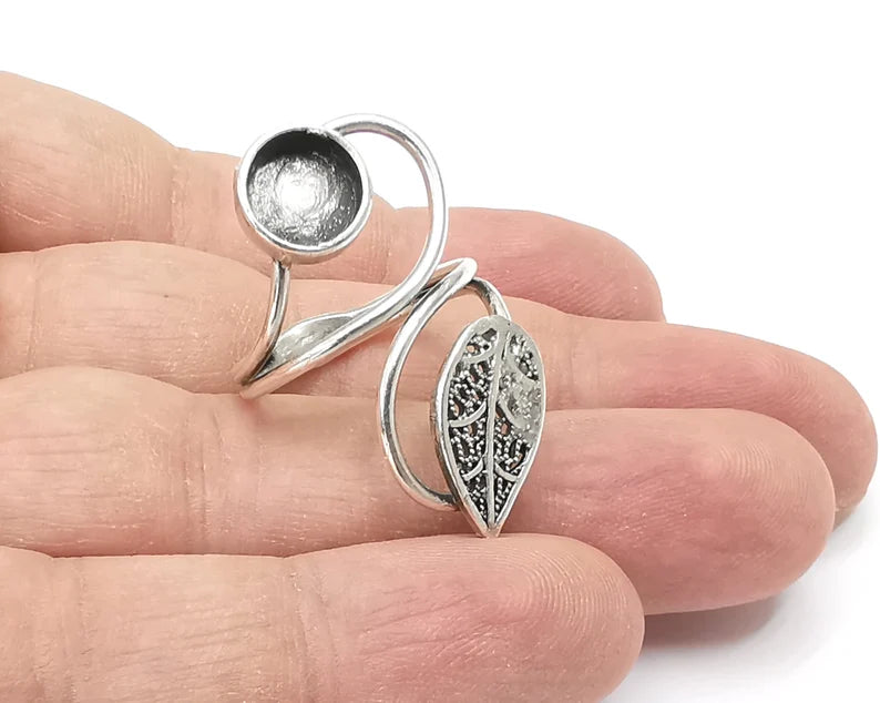 Leaf silver ring setting blank cabochon mounting Adjustable ring base bezel Antique Silver Plated Brass (8mm) G26240