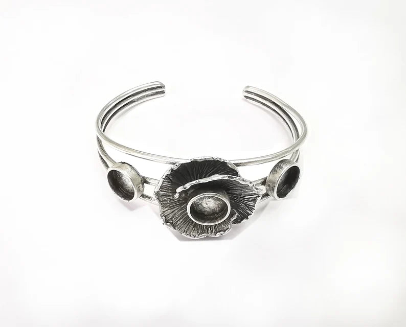 Flower Bracelet Blank Resin Cuff Dry Bezel Glass Cabochon Base Adjustable Antique Silver Plated Brass (10mm Blanks ) G26434