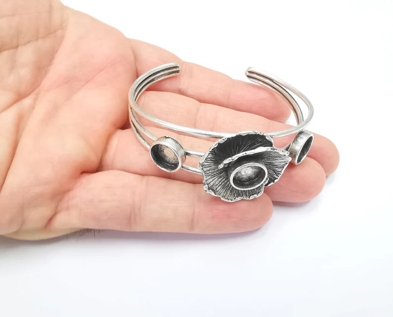 Flower Bracelet Blank Resin Cuff Dry Bezel Glass Cabochon Base Adjustable Antique Silver Plated Brass (10mm Blanks ) G26434