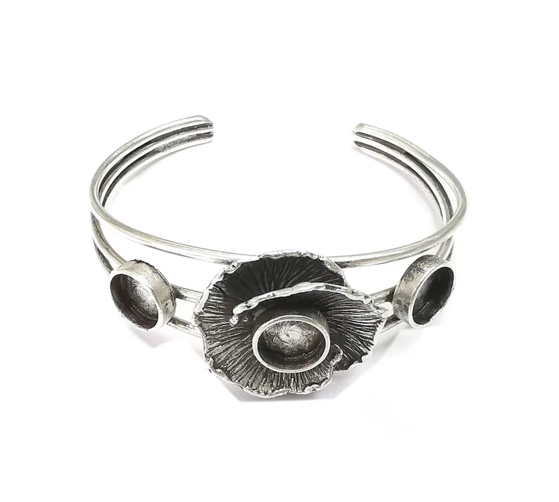 Flower Bracelet Blank Resin Cuff Dry Bezel Glass Cabochon Base Adjustable Antique Silver Plated Brass (10mm Blanks ) G26434