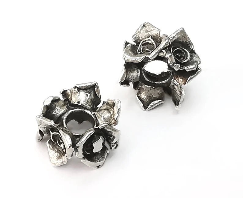 2 Flower Silver Rondelle Beads Antique Silver Plated Brass Flower Rondelle Beads 15x9 mm G26439