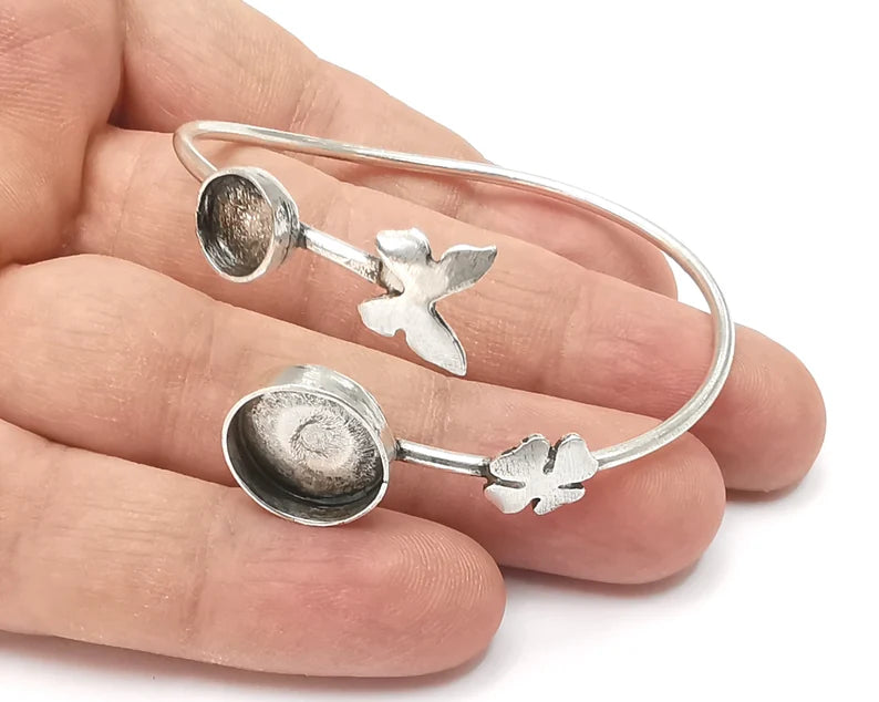 Butterfly clover bracelet cuff blank bezel Glass cabochon base Adjustable antique silver plated brass (14 and 8 mm Blanks) G26246