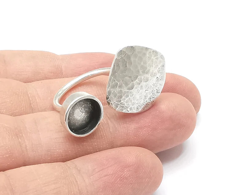 Plate hammered silver ring setting blank cabochon mounting adjustable ring base bezel Antique silver plated brass (10 mm) G26247