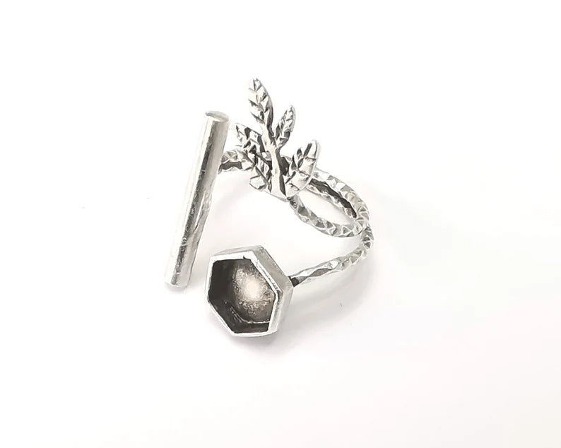 Leaf branch rod silver ring setting blank cabochon mounting adjustable ring base bezel Antique silver plated brass (8 mm) G26248