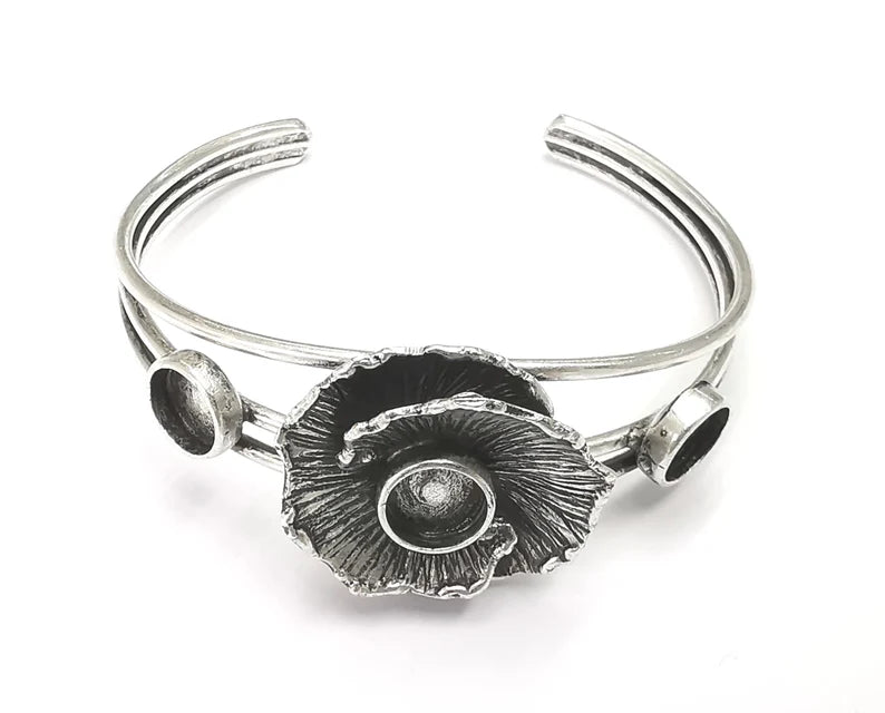 Flower Bracelet Blank Resin Cuff Dry Bezel Glass Cabochon Base Adjustable Antique Silver Plated Brass (8mm Blanks ) G26442