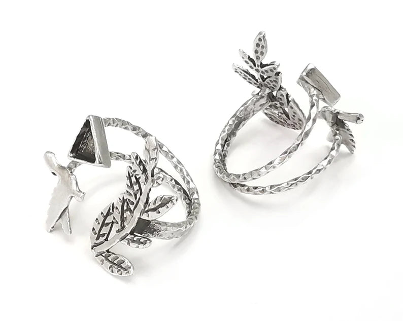 Bird Branch Silver Ring Setting Blank Cabochon Mounting Adjustable Ring Base bezel Antique silver plated brass (6 mm) G26443