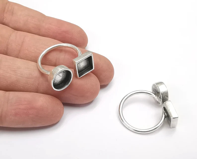 Ring Blanks Silver Round Ring Setting Cabochon Mounting Adjustable Ring Base Bezel Antique Silver Plated Brass (10 and 8 mm) G26445