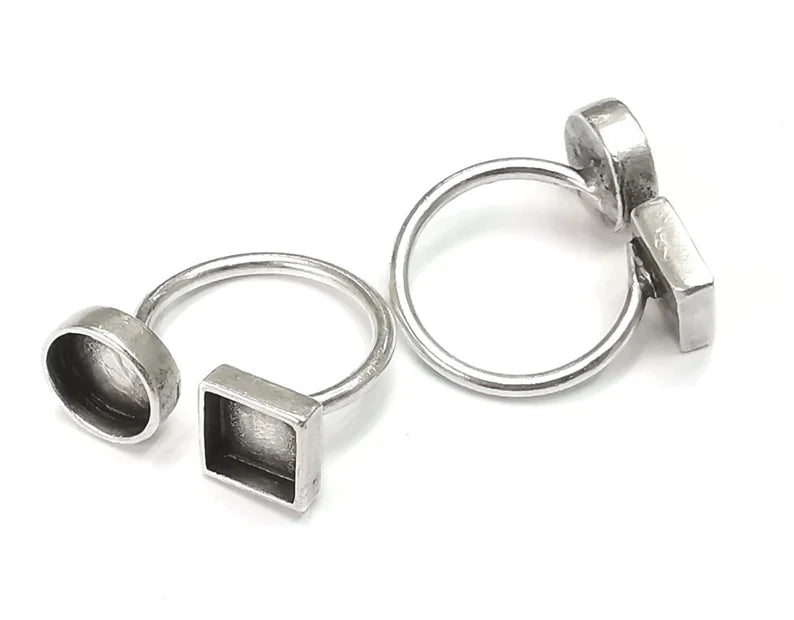 Ring Blanks Silver Round Ring Setting Cabochon Mounting Adjustable Ring Base Bezel Antique Silver Plated Brass (10 and 8 mm) G26445