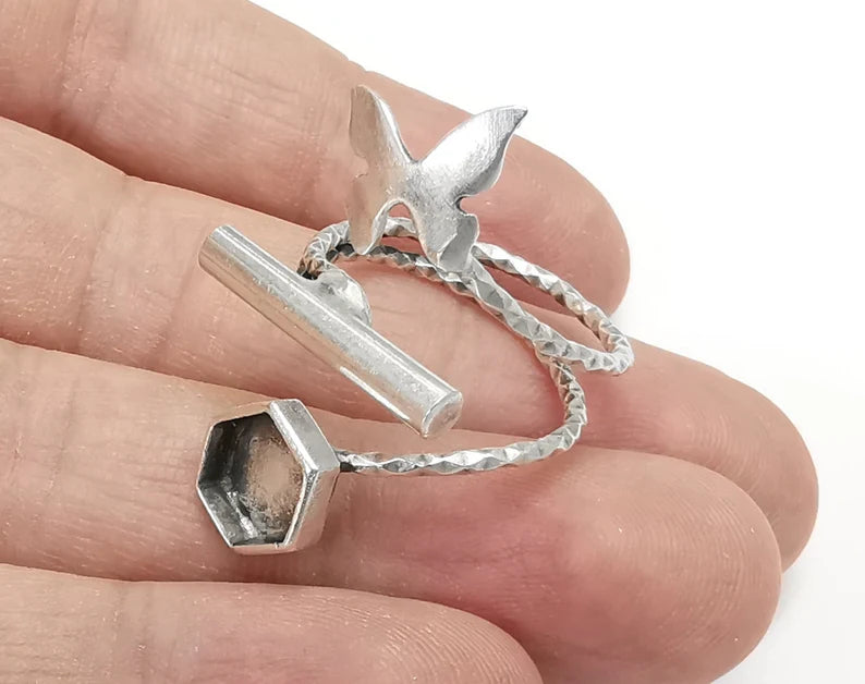 Butterfly Ring Blanks Silver Rod Hexagon Ring Setting Cabochon Mounting Adjustable Ring Base Bezel Antique Silver Plated Brass (8mm) G26447