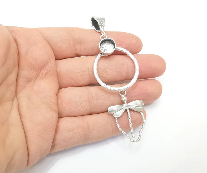 Dragonfly Dangle Pendant Blank Resin Bezel Mosaic Mountings Cabochon Setting Antique Silver Plated Brass (90x32mm)(10mm Bezel) G26453