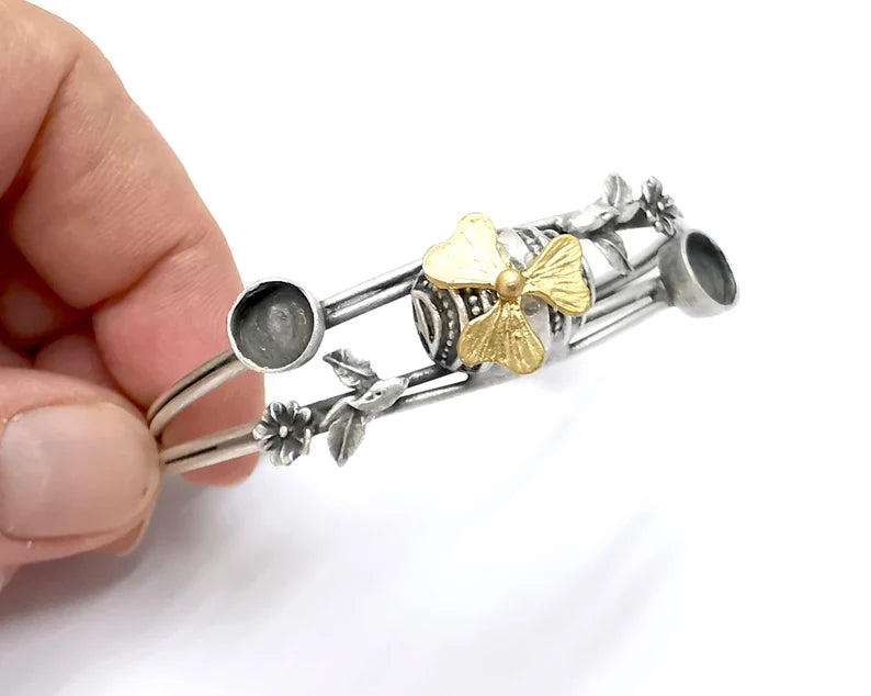 Flower leaf bracelet brass cuff blank bezel Glass cabochon base Adjustable antique silver and gold brass (8 mm blanks ) G26256