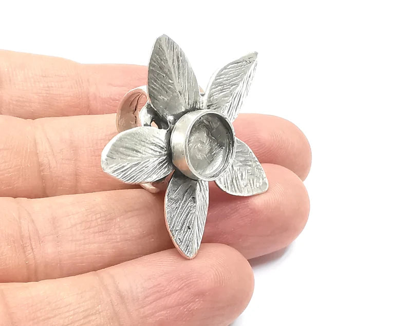 Leaf leaves silver ring setting blank cabochon mounting Adjustable ring base bezel Antique Silver Plated Brass (10mm) G26257