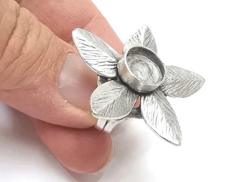 Leaf leaves silver ring setting blank cabochon mounting Adjustable ring base bezel Antique Silver Plated Brass (10mm) G26257