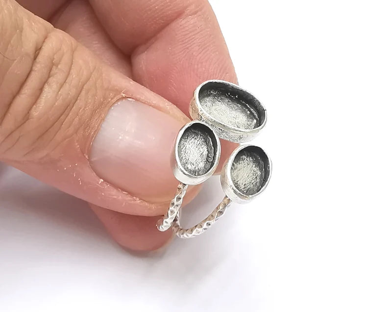 Oval silver ring setting cabochon mounting adjustable ring base bezel Antique silver plated brass G26258