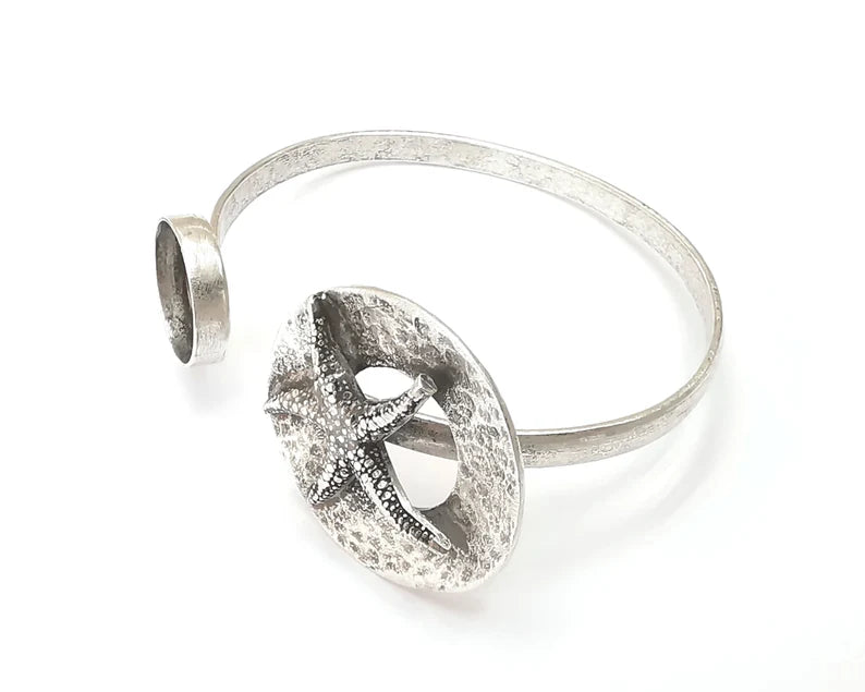 Starfish silver bracelet brass cuff blank bezel Glass cabochon base Adjustable antique silver brass (14 mm blank) G26264