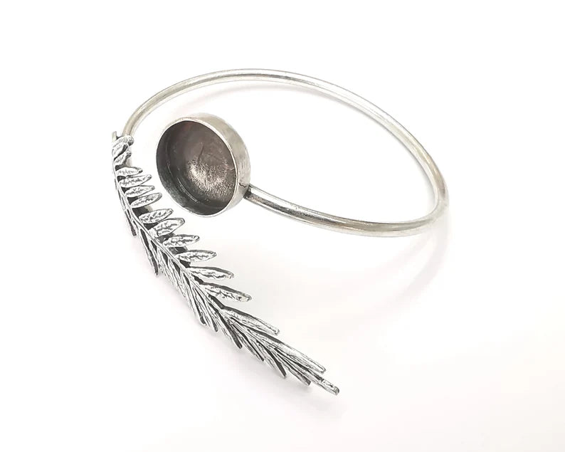 Fern silver bracelet brass cuff blank bezel Glass cabochon base Adjustable antique silver brass (14 mm blank) G26265