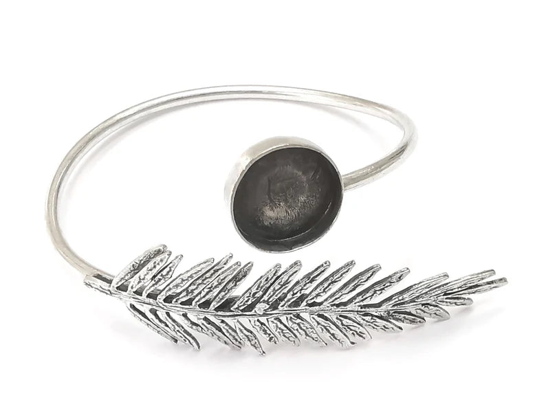 Fern silver bracelet brass cuff blank bezel Glass cabochon base Adjustable antique silver brass (14 mm blank) G26265