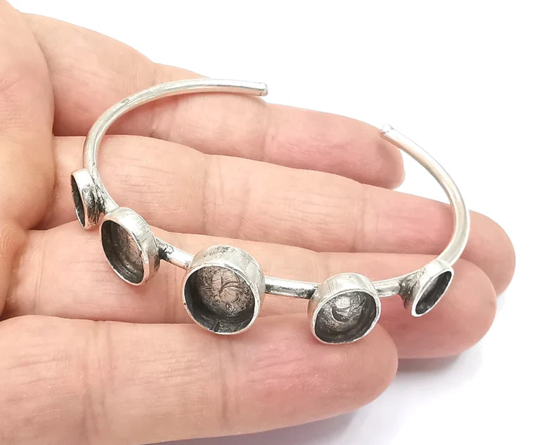 Oval bracelet brass Cuff blank bezel Glass cabochon base Adjustable Antique silver plated brass G29642