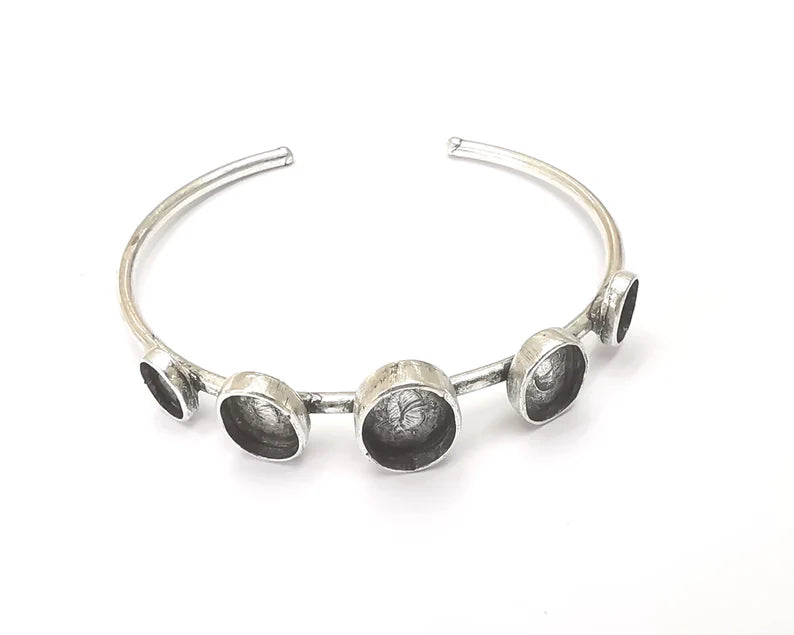 Oval bracelet brass Cuff blank bezel Glass cabochon base Adjustable Antique silver plated brass G29642