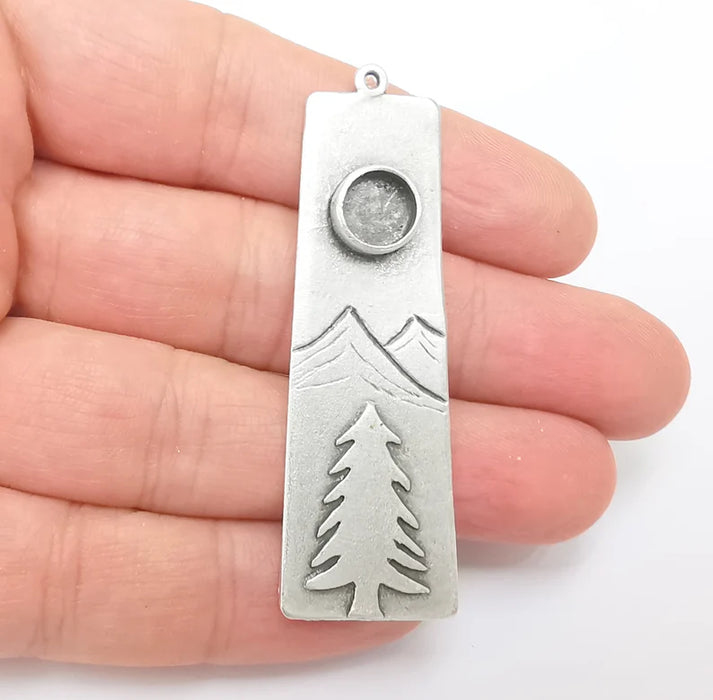 Mountain Pine Tree Pendant Blank Resin Bezel Mosaic Mountings Cabochon Setting Antique Silver Plated Brass (64x20mm)(8mm Blank) G26454
