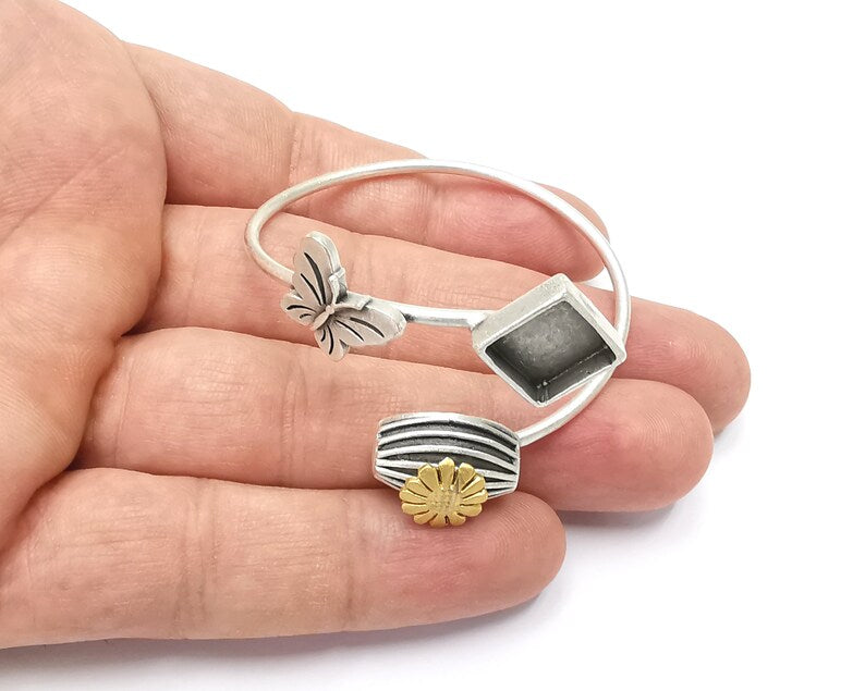 Butterfly flower bracelet brass cuff blank bezel Glass cabochon base Adjustable antique silver, gold plated brass (11mm blank) G26271