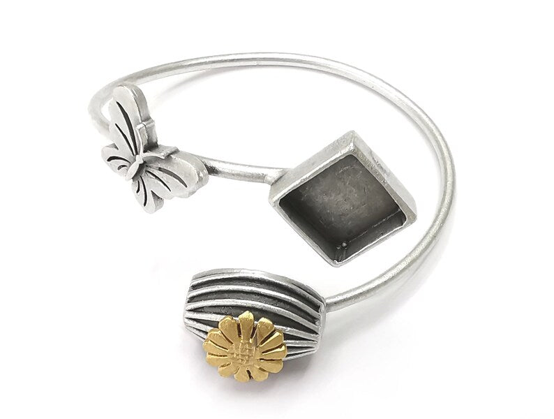 Butterfly flower bracelet brass cuff blank bezel Glass cabochon base Adjustable antique silver, gold plated brass (11mm blank) G26271