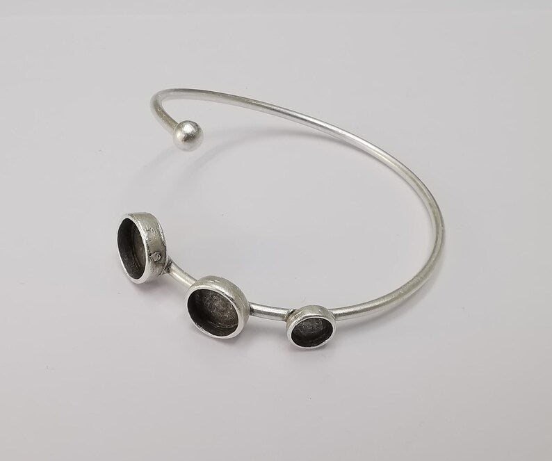 Silver Ball Head Bracelet Brass Cuff Blank Bezel Cabochon Base Adjustable Antique Silver (10mm + 8mm + 6mm blanks) G26456