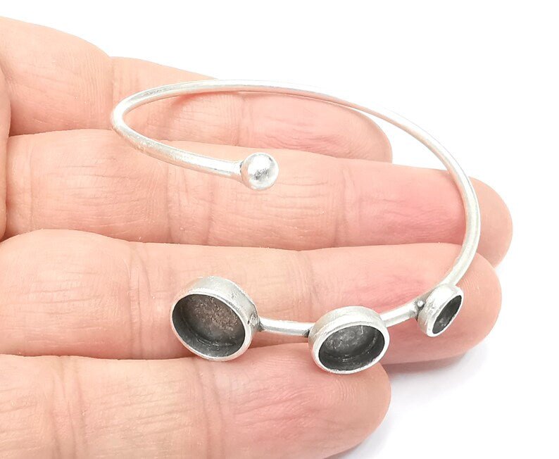 Silver Ball Head Bracelet Brass Cuff Blank Bezel Cabochon Base Adjustable Antique Silver (10mm + 8mm + 6mm blanks) G26456