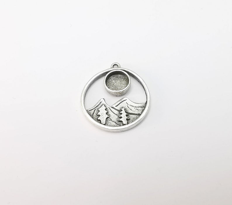 Mountain Pine Tree Charms Blank Resin Bezel Mosaic Mountings Cabochon Setting Antique Silver Plated Brass (28x25mm)(8mm Blank) G26458