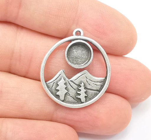 Mountain Pine Tree Charms Blank Resin Bezel Mosaic Mountings Cabochon Setting Antique Silver Plated Brass (28x25mm)(8mm Blank) G26458