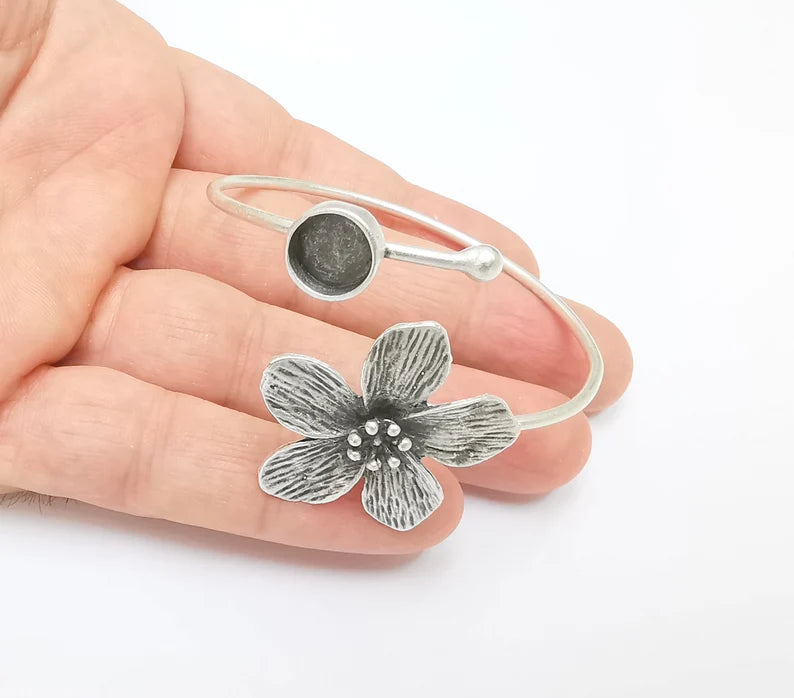 Flower Ball Head Bracelet Brass Cuff Blank Bezel Cabochon Base Adjustable Antique Silver (10mm blanks) G26459