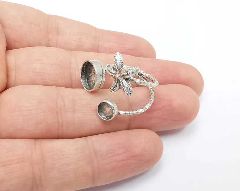 Starfish Blank Silver Ring Setting Cabochon Mounting Adjustable Ring Base Bezel Antique Silver Plated Brass (10mm - 6mm blanks) G26460