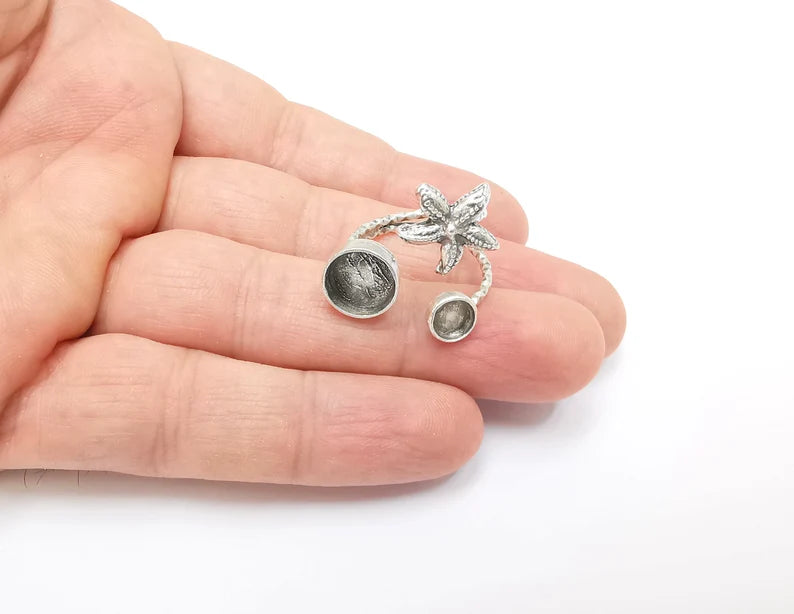 Starfish Blank Silver Ring Setting Cabochon Mounting Adjustable Ring Base Bezel Antique Silver Plated Brass (10mm - 6mm blanks) G26460