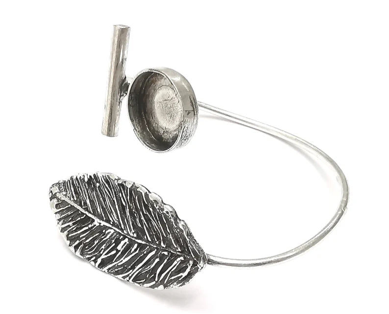 Leaf bar silver bracelet brass cuff blank bezel Glass cabochon base Adjustable antique silver brass (15 mm blank) G26300