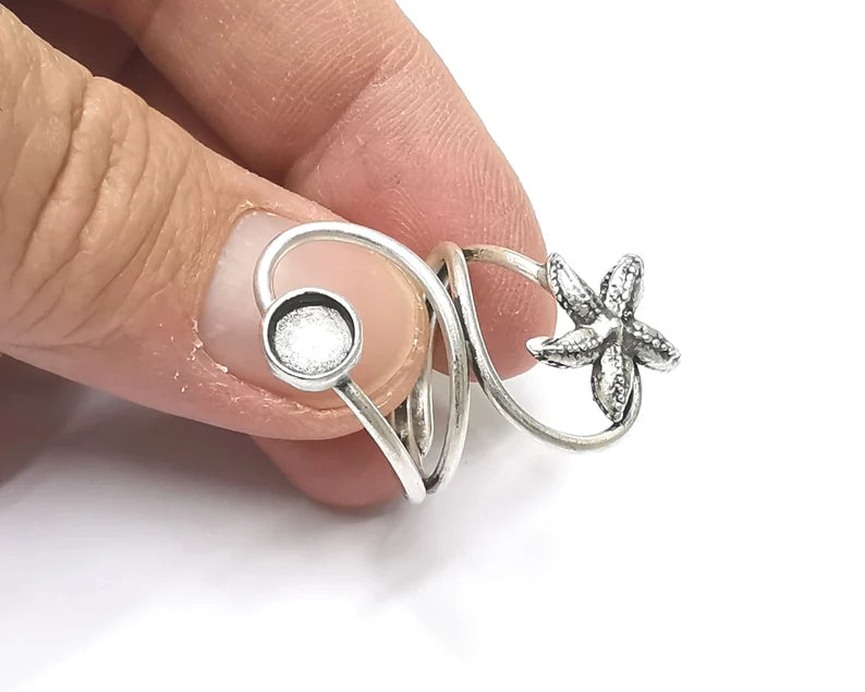 Starfish blank silver ring setting cabochon mounting adjustable ring base bezel Antique silver plated brass (6 mm) G26303