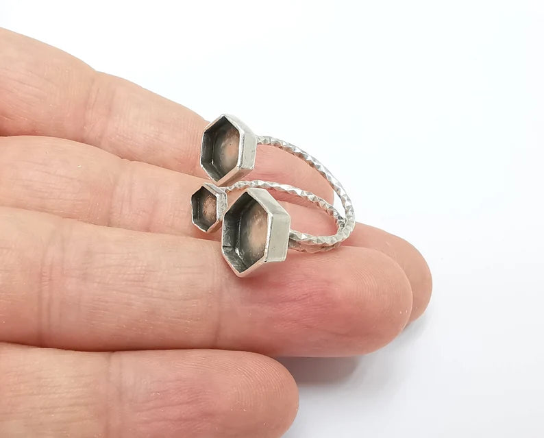 Hexagon Ring Bases, Ring Blanks, Ring Bezel Setting, Ring Frame, Cabochon Mountings Adjustable Antique Silver Plated Brass G26462