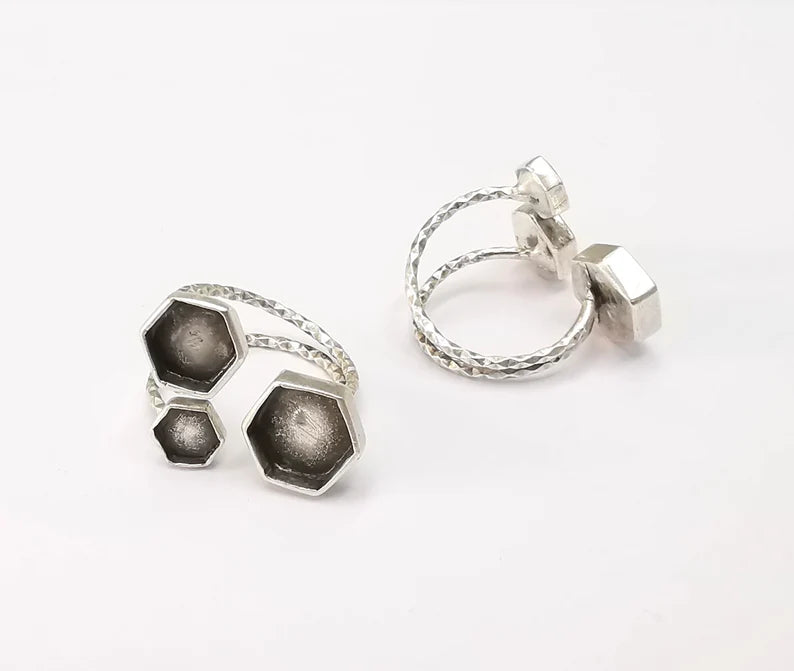 Hexagon Ring Bases, Ring Blanks, Ring Bezel Setting, Ring Frame, Cabochon Mountings Adjustable Antique Silver Plated Brass G26462