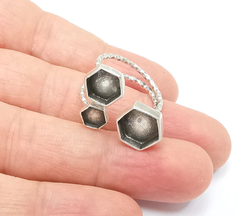 Hexagon Ring Bases, Ring Blanks, Ring Bezel Setting, Ring Frame, Cabochon Mountings Adjustable Antique Silver Plated Brass G26462
