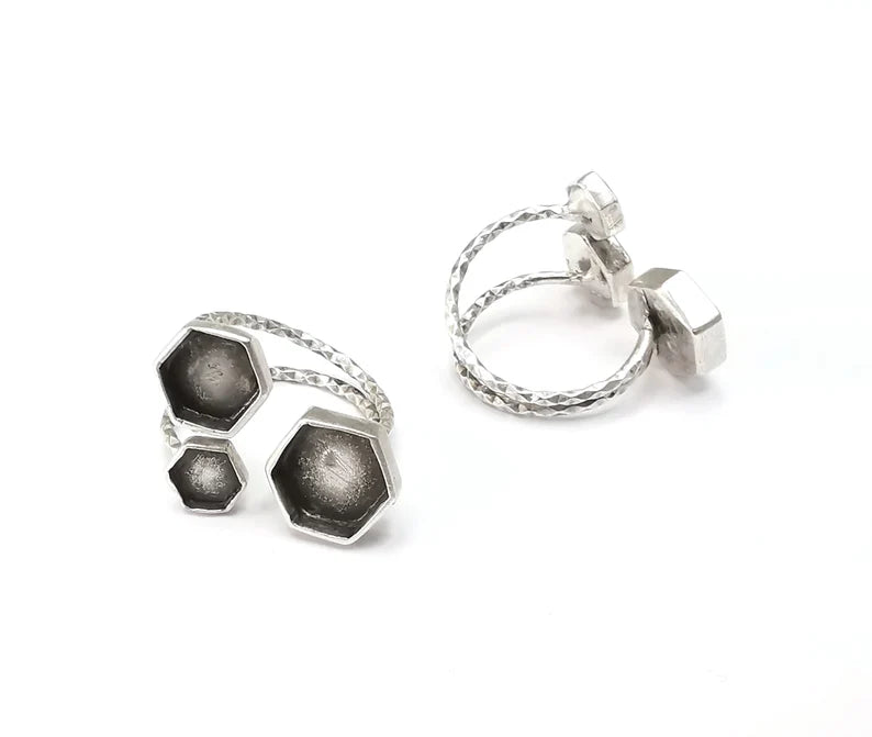 Hexagon Ring Bases, Ring Blanks, Ring Bezel Setting, Ring Frame, Cabochon Mountings Adjustable Antique Silver Plated Brass G26462
