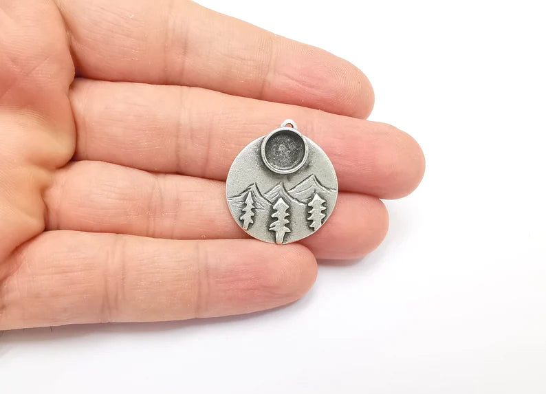 Mountain Pine Tree Charms Blank Resin Bezel Mosaic Mountings Cabochon Setting Antique Silver Plated Brass (27x24mm)(8mm Blank) G26464