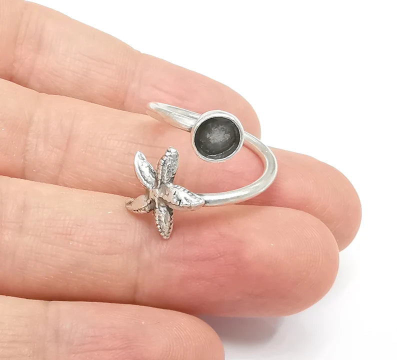 Starfish Blank Silver Ring Setting Cabochon Mounting Adjustable Ring Base Bezel Antique Silver Plated Brass ( 6mm blanks ) G26467
