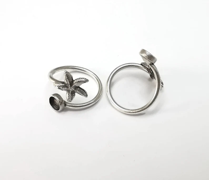 Starfish Blank Silver Ring Setting Cabochon Mounting Adjustable Ring Base Bezel Antique Silver Plated Brass ( 6mm blanks ) G26467