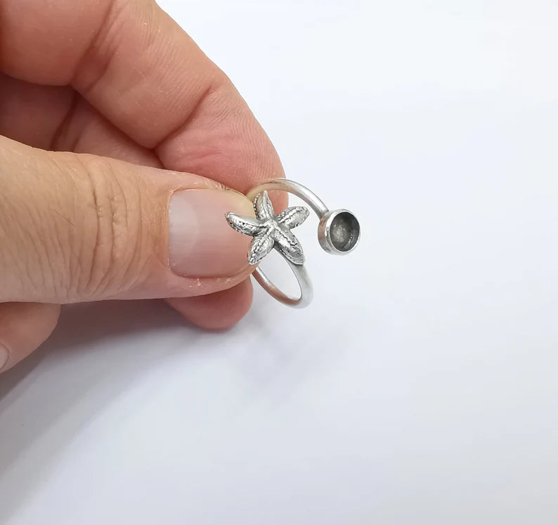 Starfish Blank Silver Ring Setting Cabochon Mounting Adjustable Ring Base Bezel Antique Silver Plated Brass ( 6mm blanks ) G26467