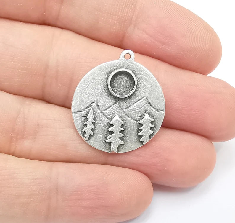 Mountain Pine Tree Charms Blank Resin Bezel Mosaic Mountings Cabochon Setting Antique Silver Plated Brass (27x24mm)(6mm Blank) G26468