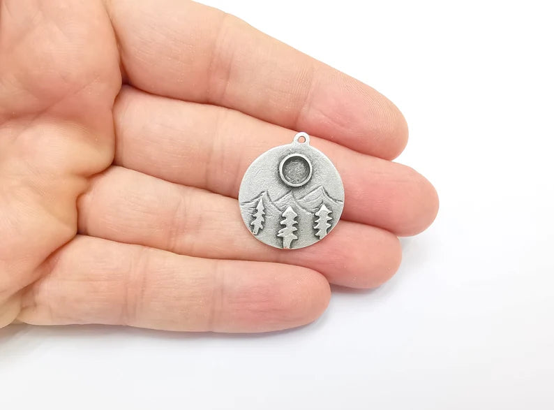 Mountain Pine Tree Charms Blank Resin Bezel Mosaic Mountings Cabochon Setting Antique Silver Plated Brass (27x24mm)(6mm Blank) G26468