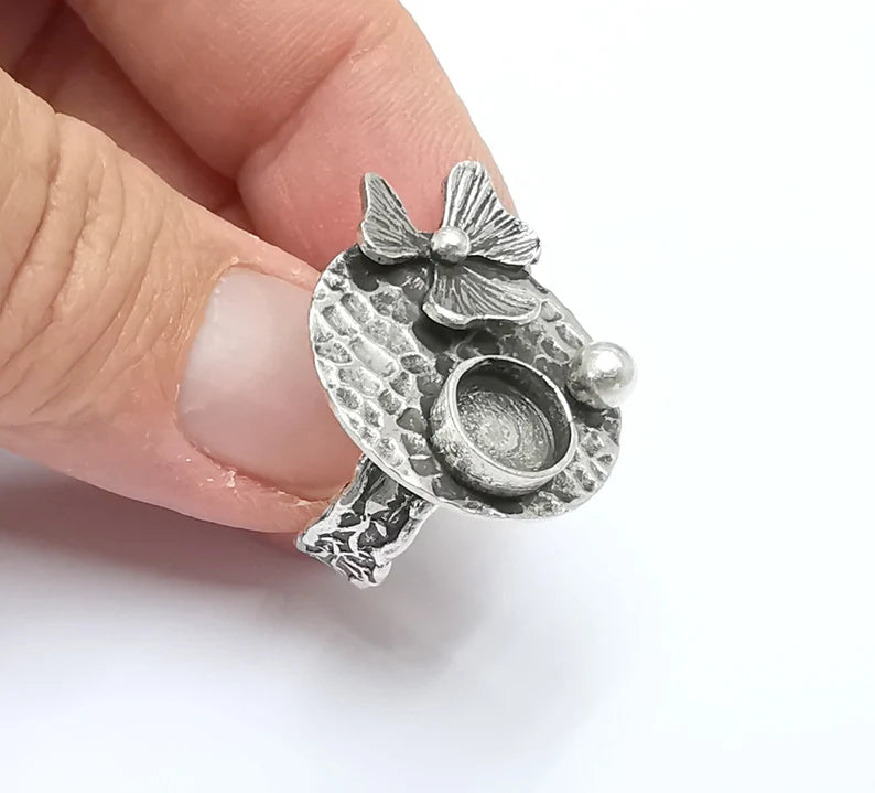 Flower Ball Hammered Disc Blank Silver Ring Setting Cabochon Mounting Adjustable Ring Base Bezel Antique Silver Plated Brass (8mm) G26469